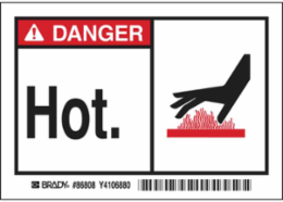 DANGER Hot Labels, 3.5" H x 5" W x 0.006" D, Black/Red on White