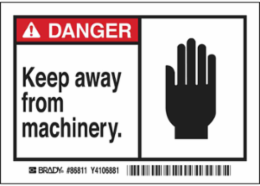DANGER Keep away from machinery. Labels, 3.5" H x 5" W x 0.006" D, Black/Red on White