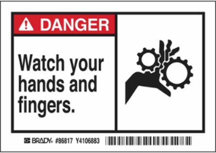 DANGER Watch Your Hands And Fingers. Labels, 3.5" H x 5" W x 0.006" D, Black/Red on White