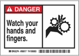 DANGER Watch Your Hands And Fingers. Labels, 3.5" H x 5" W x 0.006" D, Black/Red on White