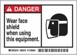 DANGER Wear face shield when using this equipment. Labels, 3.5" H x 5" W x 0.006" D, Black/Red on White