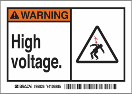 WARNING High voltage. Labels, 3.5" H x 5" W x 0.006" D, Black/Orange on White