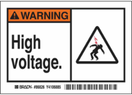 WARNING High voltage. Labels, 3.5" H x 5" W x 0.006" D, Black/Orange on White