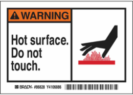 WARNING HOT SURFACE DO NOT TOUCH. Labels, 3.5" H x 5" W x 0.006" D, Black/Orange/Red on White