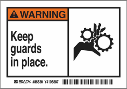 WARNING KEEP GUARDS IN PLACE. Labels, 3.5" H x 5" W x 0.006" D, Black/Orange on White
