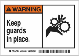 WARNING KEEP GUARDS IN PLACE. Labels, 3.5" H x 5" W x 0.006" D, Black/Orange on White