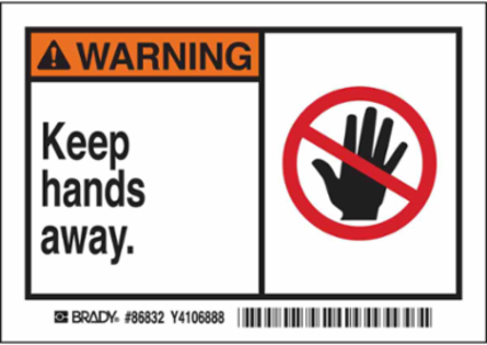 WARNING Keep hands away. Labels, 3.5" H x 5" W x 0.006" D, Black/Orange/Red on White