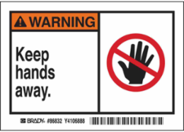 WARNING Keep hands away. Labels, 3.5" H x 5" W x 0.006" D, Black/Orange/Red on White