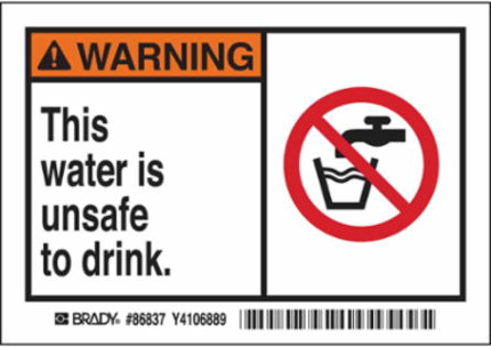 WARNING This water is unsafe to drink. Labels, 3.5" H x 5" W x 0.006" D, Black/Orange/Red on White