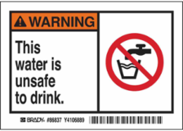 WARNING This water is unsafe to drink. Labels, 3.5" H x 5" W x 0.006" D, Black/Orange/Red on White