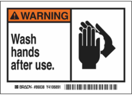 WARNING Wash hands after use. Labels, 3.5" H x 5" W x 0.006" D, Black/Orange on White