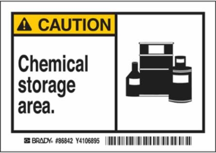 CAUTION Chemical Storage Area Label, 3.5 Inch x 5 Inch, Black/Yellow on White