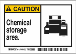 CAUTION Chemical Storage Area Label, 3.5 Inch x 5 Inch, Black/Yellow on White