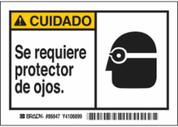 CUIDADO Se requiere protector de ojos. Labels, 3.5" H x 5" W x 0.006" D, Black/Yellow on White