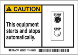 CAUTION This equipment starts and stops automatically. Labels, 3.5" H x 5" W x 0.006" D, Black/Yellow on White