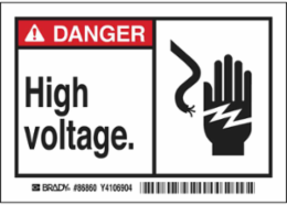 DANGER High Voltage. Labels, 3.5" H x 5" W x 0.006" D, Black/Red on White