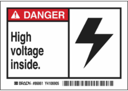 DANGER HIGH VOLTAGE INSIDE. Labels, 3.5" H x 5" W x 0.006" D, Black/Red on White