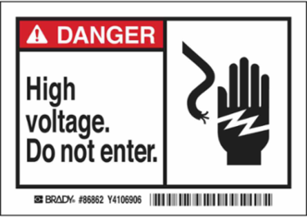DANGER High voltage. Do not enter. Labels, 3.5" H x 5" W x 0.006" D, Black/Red on White