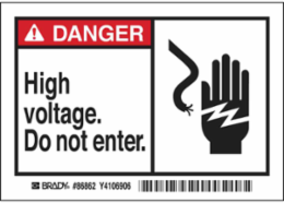 DANGER High voltage. Do not enter. Labels, 3.5" H x 5" W x 0.006" D, Black/Red on White