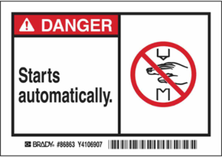DANGER Starts automatically. Labels, 3.5" H x 5" W x 0.006" D, Black/Red on White