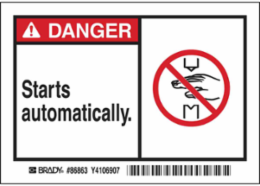 DANGER Starts automatically. Labels, 3.5" H x 5" W x 0.006" D, Black/Red on White