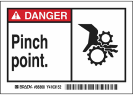 DANGER PINCH POINT. Labels, 3.5" H x 5" W x 0.006" D, Black/Red on White