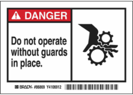 DANGER Do Not Operate Without Guards In Place. Labels, Black/Red on White