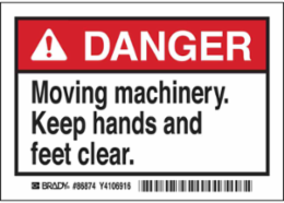 DANGER MOVING MACHINERY. KEEP HANDS AND FEET CLEAR. Labels, 3.5" H x 5" W x 0.006" D, Black/Red on White