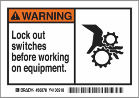 WARNING Lock out switches before working on equipment. Labels, 3.5" H x 5" W x 0.006" D, Black/Orange on White