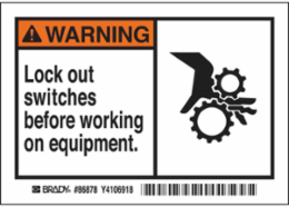 WARNING Lock out switches before working on equipment. Labels, 3.5" H x 5" W x 0.006" D, Black/Orange on White