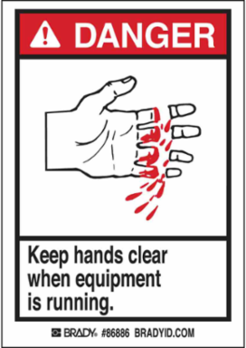 DANGER Keep hands clear when equipment is running. Labels, 5" H x 3.5" W x 0.006" D, Black/Red on White