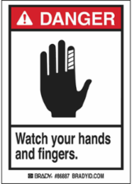 DANGER Watch Your Hands And Fingers. Labels, Black/Red on White
