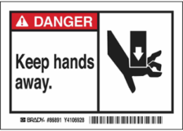 DANGER KEEP HANDS AWAY. Labels, 3.5" H x 5" W x 0.006" D, Black/Red on White