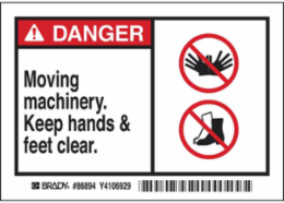 DANGER Moving machinery. Keep hands & feet clear. Labels, 3.5" H x 5" W x 0.006" D, Black/Red on White