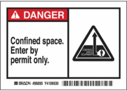 DANGER Confined space. Enter by permit only. Labels, 3.5" H x 5" W x 0.006" D, Black/Red on White