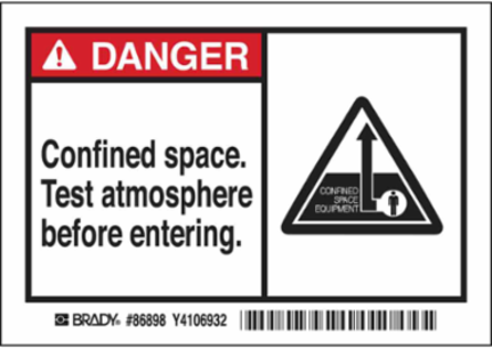 DANGER Confined space. Test atmosphere before entering. Labels, 3.5" H x 5" W x 0.006" D, Black/Red on White