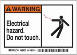 WARNING Electrical hazard. Do not touch. Labels, 3.5" H x 5" W x 0.006" D, Black/Orange on White