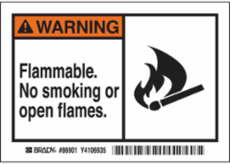 WARNING Flammable. No smoking or open flames. Labels, 3.5" H x 5" W x 0.006" D, Black/Orange on White