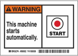 WARNING This machine starts automatically. Labels, 3.5" H x 5" W x 0.006" D, Black/Orange on White