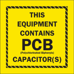 THIS EQUIPMENT CONTAINS PCB (POLYCHLORINATED BIPHENYLS) CAPACITOR(S) Labels, 2" H x 2" W x 0.004" D, Black on Yellow