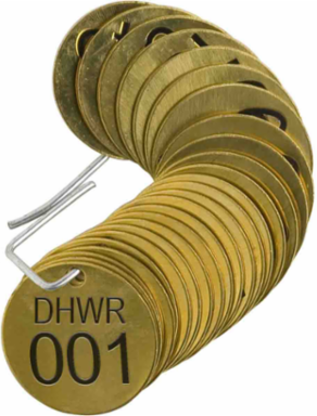 Stamped Brass Valve Tags, 1.5" Dia, DHWR, 001-025, 0.25"