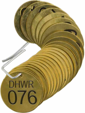 Stamped Brass Valve Tags, 1.5" Dia, DHWR, 076-100, 0.25"