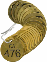 Stamped Brass Valve Tags, 1.5" Dia, CA, 476-500, 0.25"