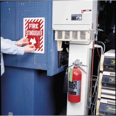 Fire Extinguisher Sign, 12" H x 9" W x 0.006" D, White on Red, Polyester