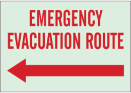 Emergency Evacuation Route Sign 7 Inch H x 10 Inch W, Red on Glow, Polyester