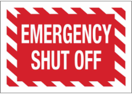 Emergency Shut Off Sign, 7" H x 10" W x 0.006" D, White on Red, Polyester