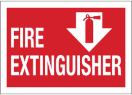 Fire Extinguisher Sign, 7" H x 10" W x 0.006" D, White on Red, Polyester, w/Pictogram Down Arrow