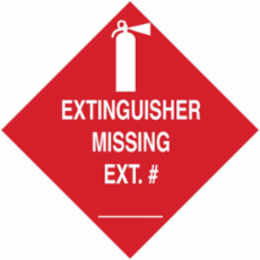 Extinguisher Missing Ext # Sign, 3.5" H x 3.5" W x 0.006" D, White on Red, Polyester