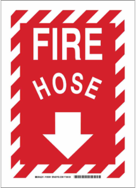 Fire Hose Sign, 14" H x 10" W x 0.006" D, White on Red, Polyester
