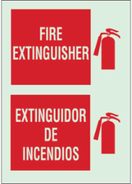 Fire Extinguisher/Extintor De Incendios Sign, 14" H x 10" W x 0.008" D, Red on Glow, Polyester
